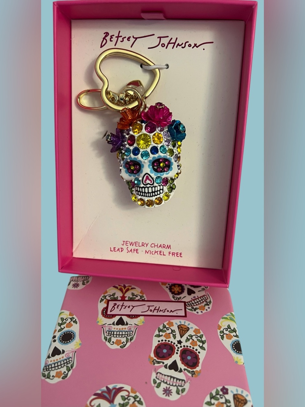 Betsey Johnson White Enamel Sugar Skull Keychain with Multicolor Crystals